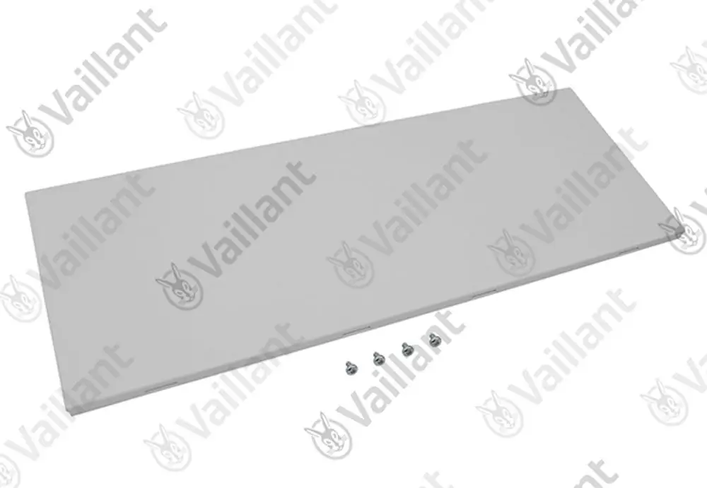 Vaillant Metallblech in rechteckiger Form, umgeben von Schrauben, in neutraler Farbe auf weißem Hintergrund, zur Verwendung in Heizungsanlagen.